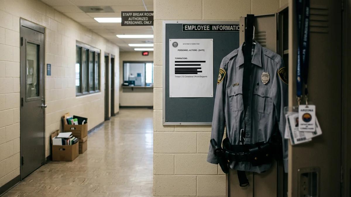 Prison cell's barred door and window, representing correctional officers' firings after inmate suicides