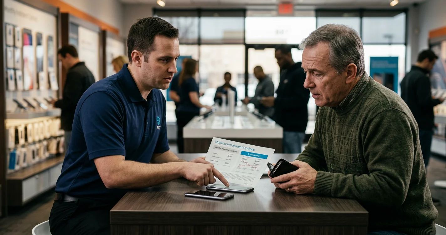 AT&T logo and a smartphone screen; the end of two-year phone contracts