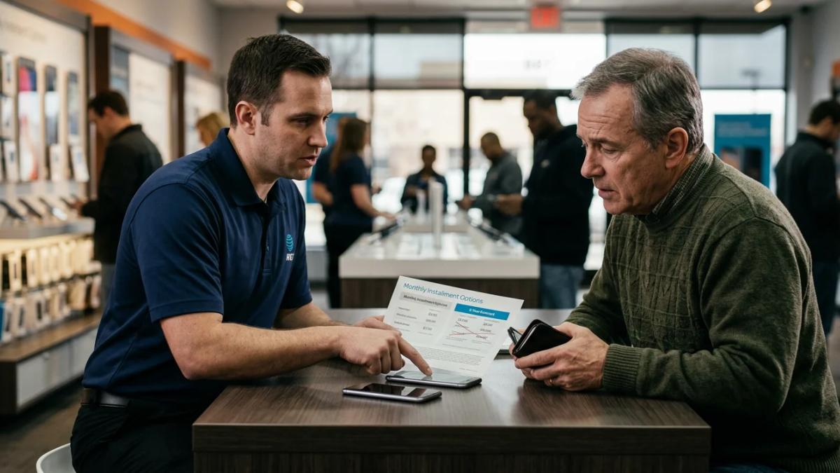 AT&T logo and a smartphone screen; the end of two-year phone contracts