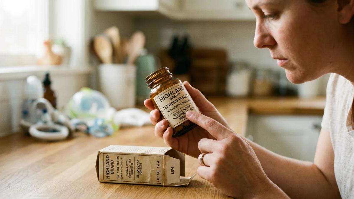 Crumpled boxes of Highland Homeopathic Teething Tablets illustrate a product recall