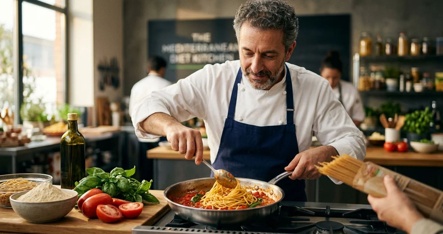 Barilla pasta dishes being served, emphasizing pasta as a healthy Mediterranean diet option