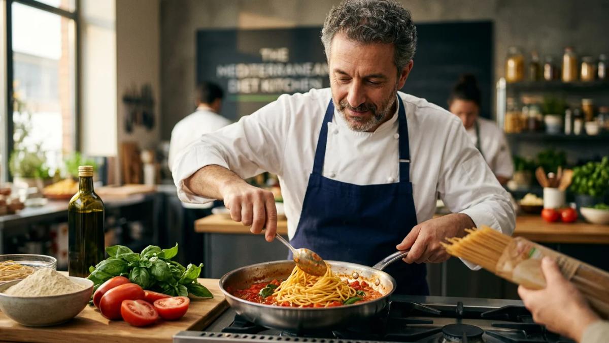 Barilla pasta dishes being served, emphasizing pasta as a healthy Mediterranean diet option