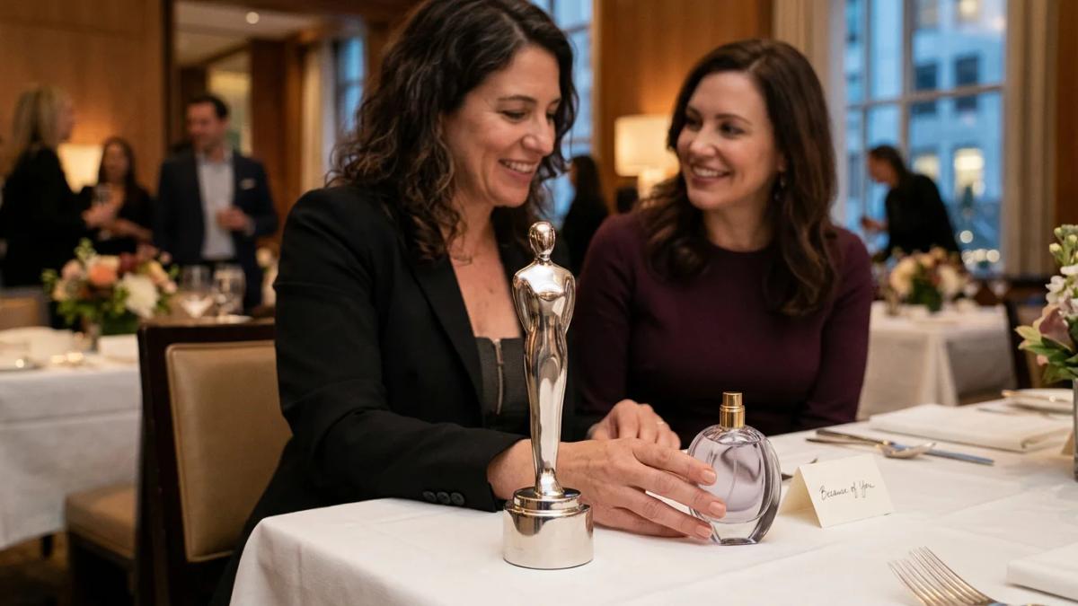Award ceremony showing a woman accepting an award for a fragrance launch