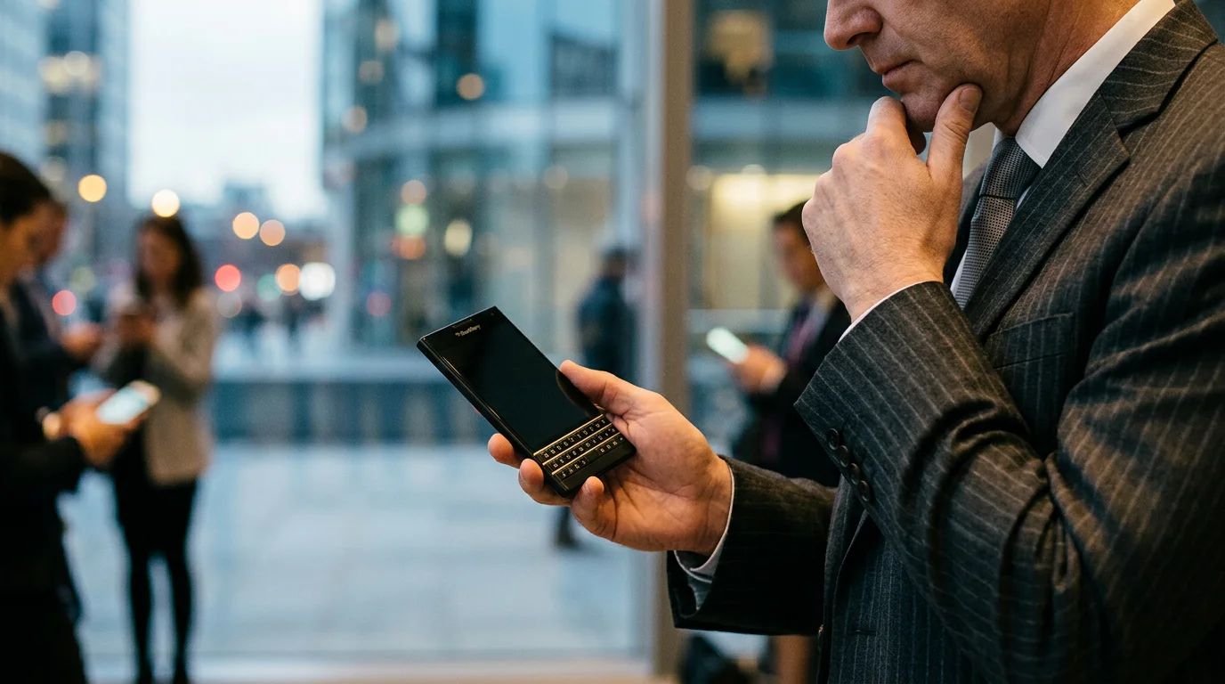 A distressed investor clutching a smartphone, symbolizing Blackberry's ongoing financial struggles