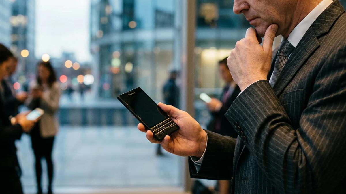 A distressed investor clutching a smartphone, symbolizing Blackberry's ongoing financial struggles