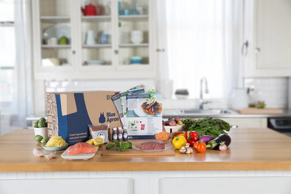 Blue Apron meal kit box with fresh ingredients, a company struggling to find its niche