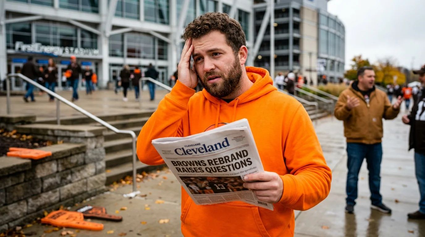 Cleveland Browns football helmet and uniform on a field, symbolizing a rebrand and ongoing team struggles