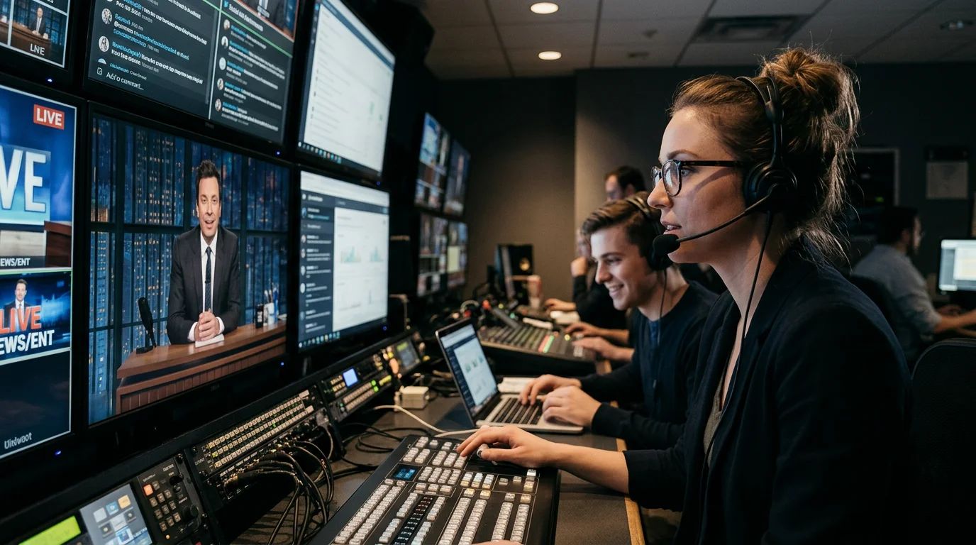 A person gazes at multiple TV screens displaying diverse news and entertainment shows