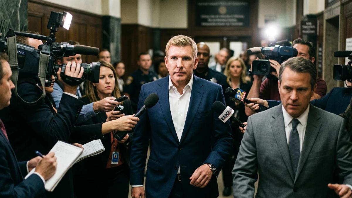 Todd and Julie Chrisley, serious, in the spotlight, facing tax evasion charges