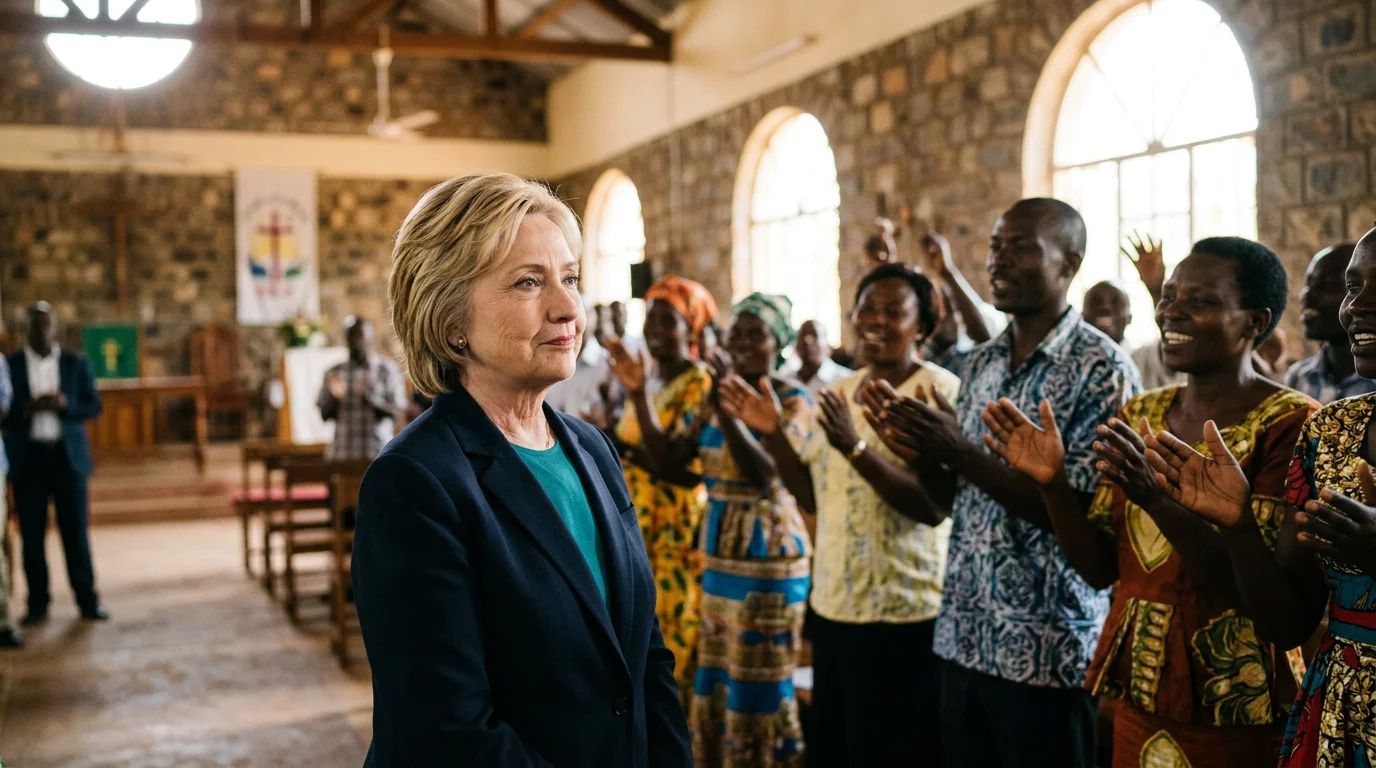 Hillary Clinton speaks at a podium, battling scrutiny over her African church associations