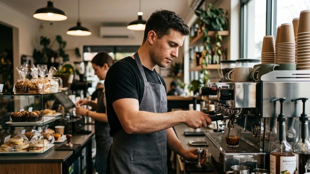 A barista brews coffee in a bustling cafe, highlighting the intensifying coffee competition