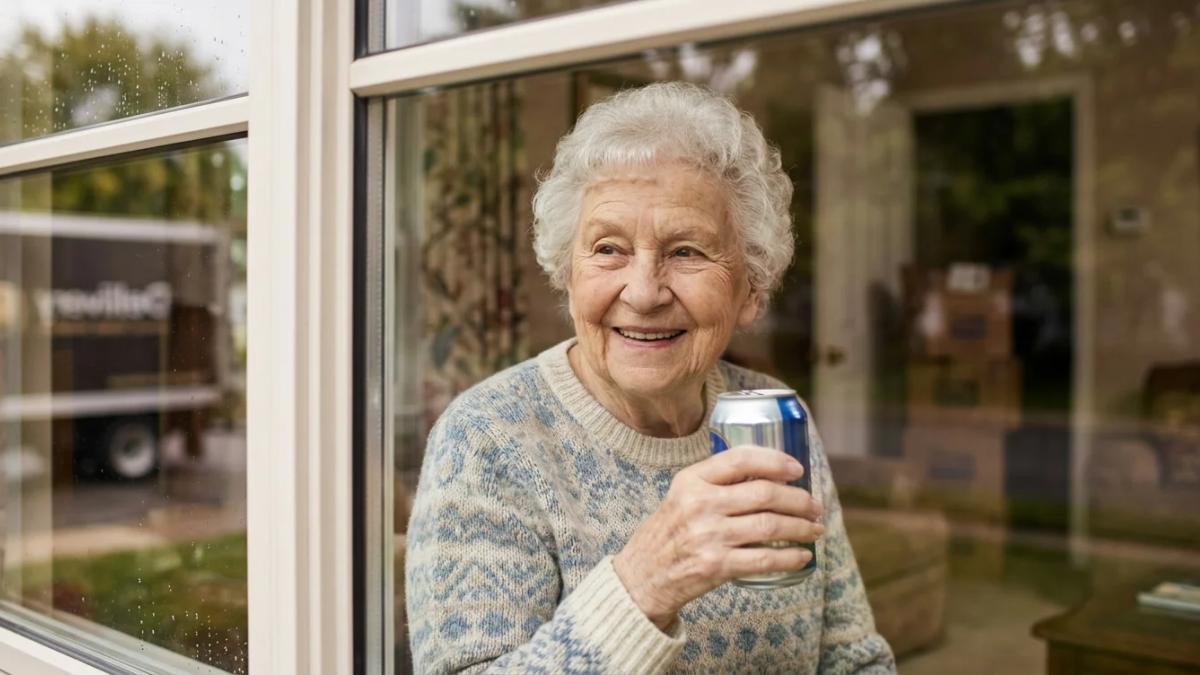 Olive Veronesi, 93, holding a Coors Light sign, asking for more beer during COVID-19