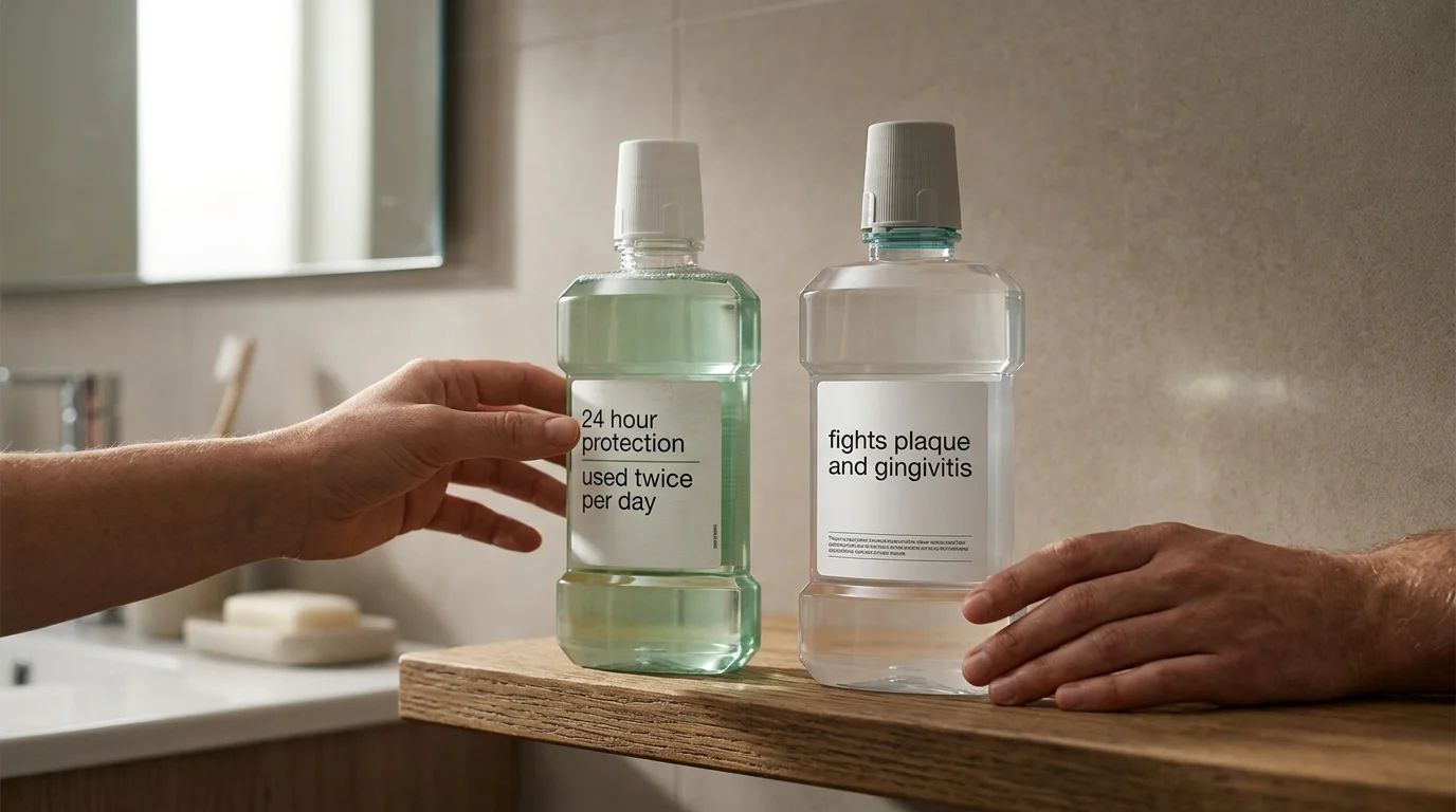 Crest mouthwash bottle with a misleading "24-hour protection" label, used twice daily