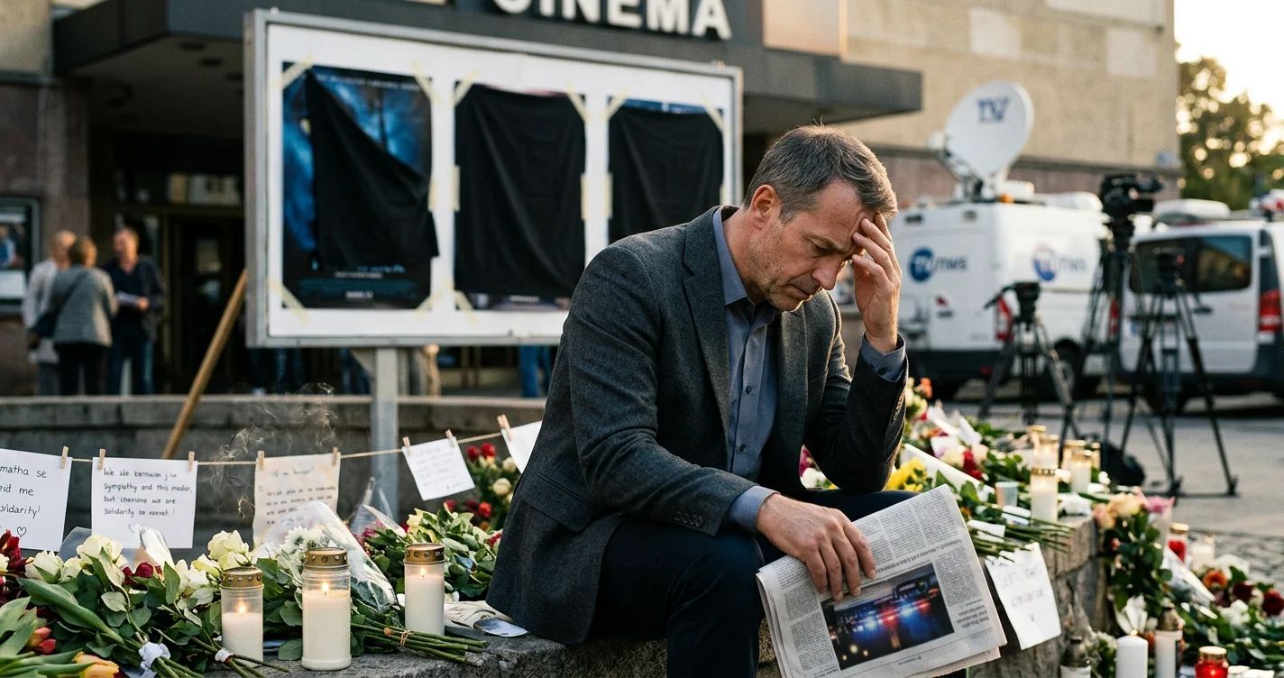 Batman's iconic symbol overshadowed by a news headline about crisis PR post-shooting