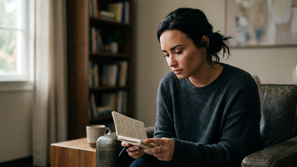Demi Lovato in a thoughtful moment, inspiring fans through her personal struggles