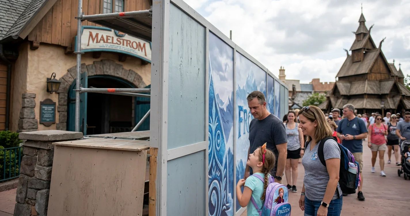 A smiling young girl in a blue dress and a "Frozen" crown at Disney World