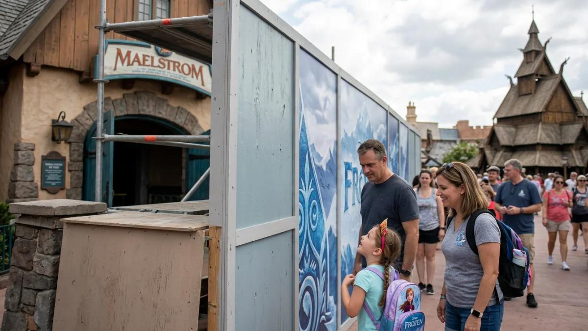 A smiling young girl in a blue dress and a "Frozen" crown at Disney World