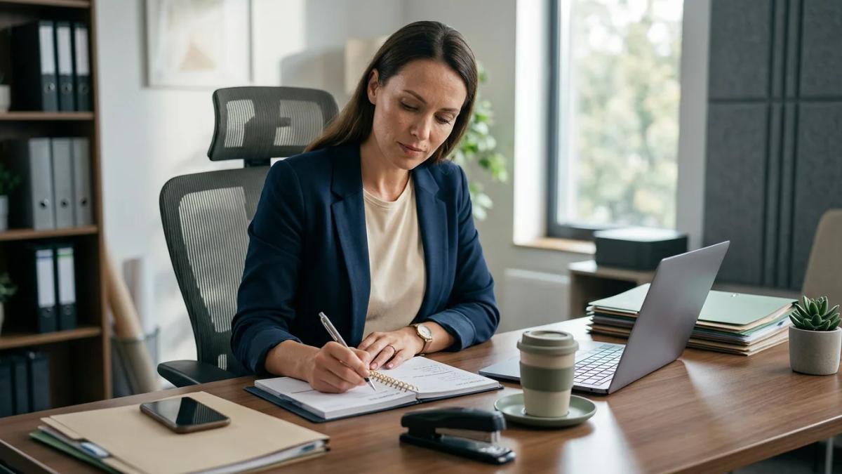 A brightly lit desk with a laptop, highlighting tips for effective work habits