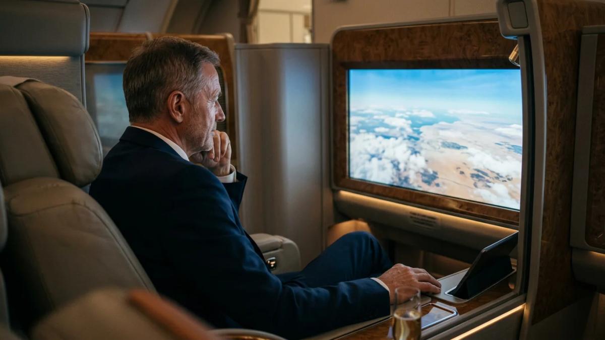 A luxury airline cabin with virtual windows displaying the sky, hinting at future innovative travel