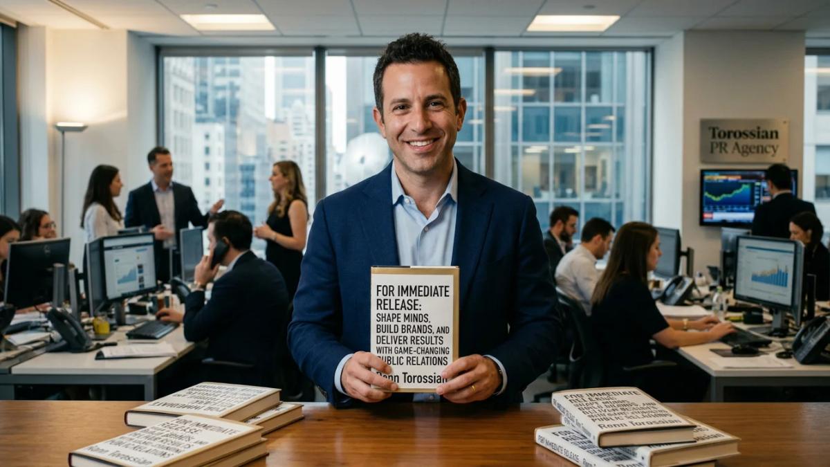 Author Ronn Torossian proudly holds his new public relations book for pre-order
