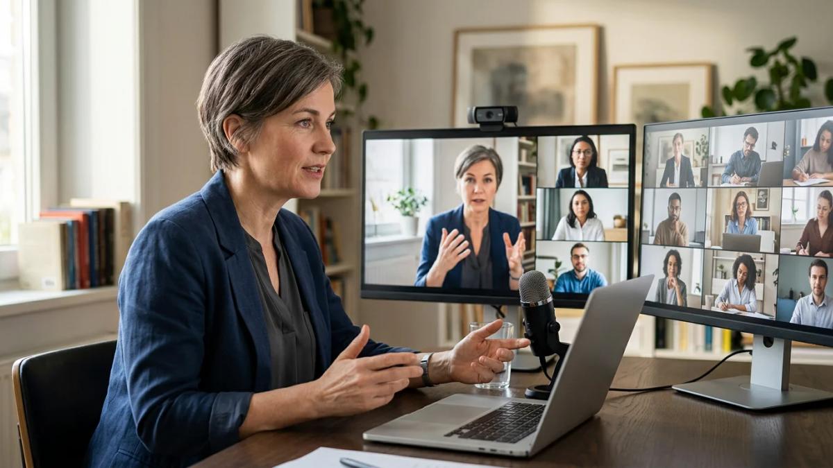A person types notes during a video conference, enhancing virtual meeting productivity