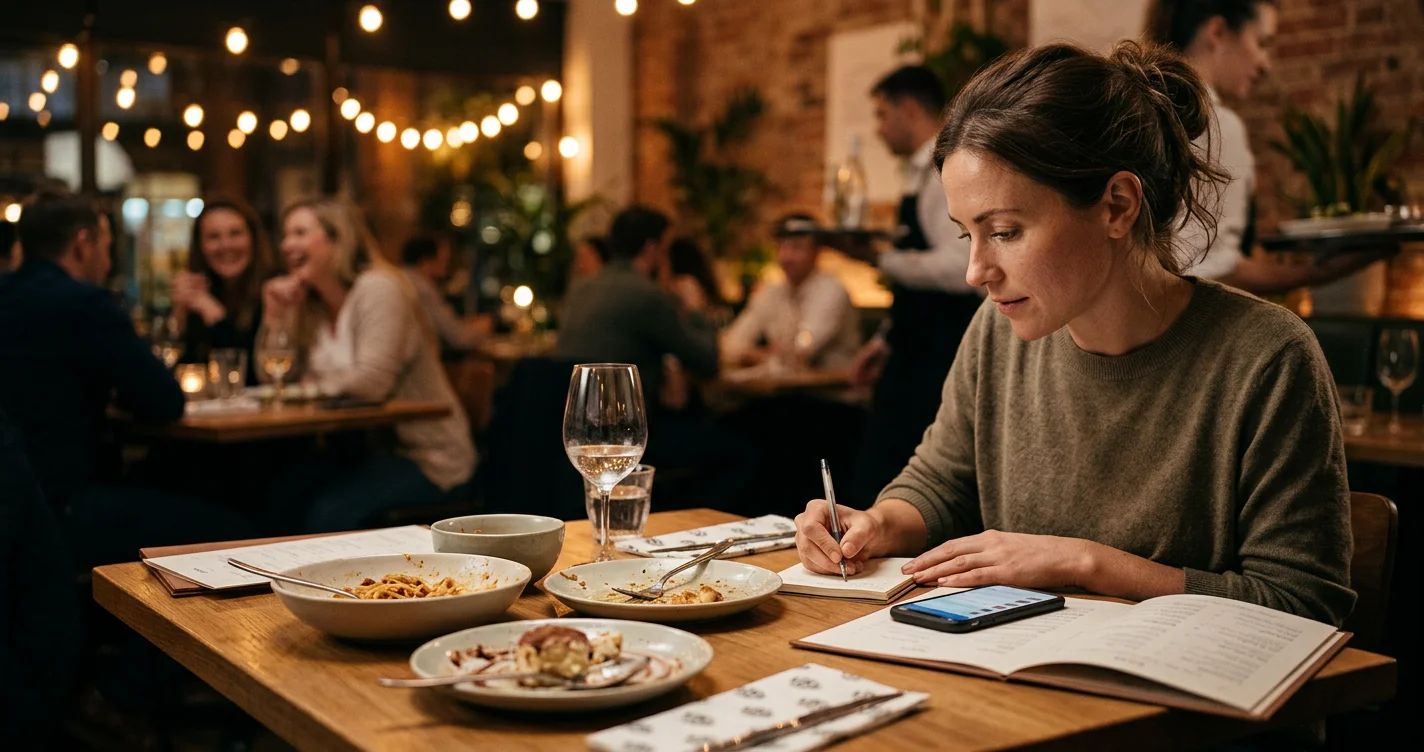 A chef's hand holds a tablet, browsing online restaurant reviews for PR insights