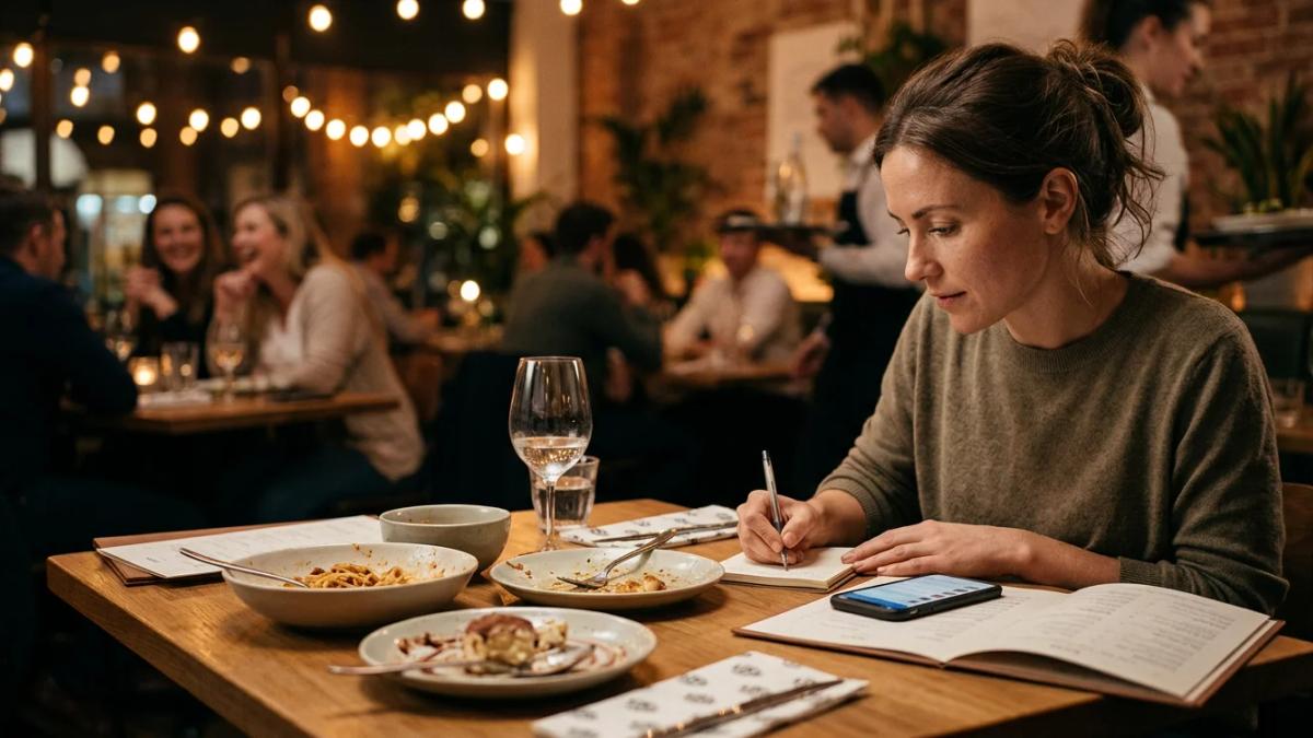 A chef's hand holds a tablet, browsing online restaurant reviews for PR insights