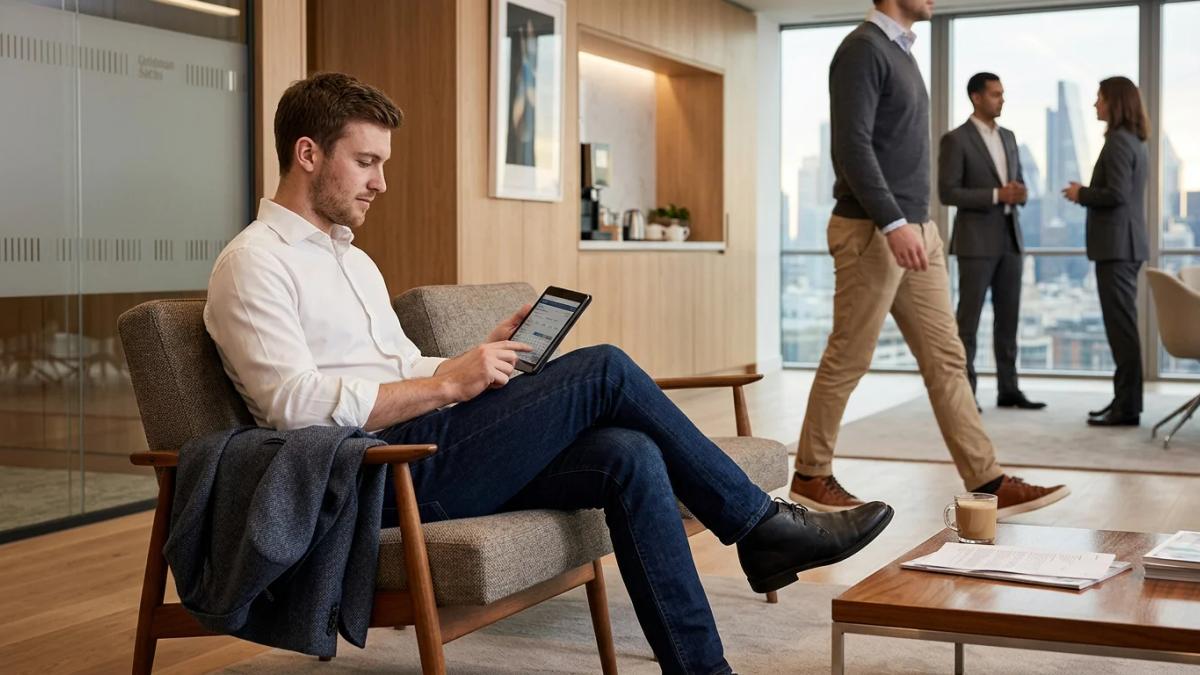 Stylish business professionals discuss a new, more casual dress code at Goldman Sachs