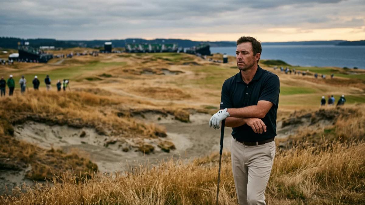 A golfer swings on a sunny course with a gallery watching, questioning golf's future