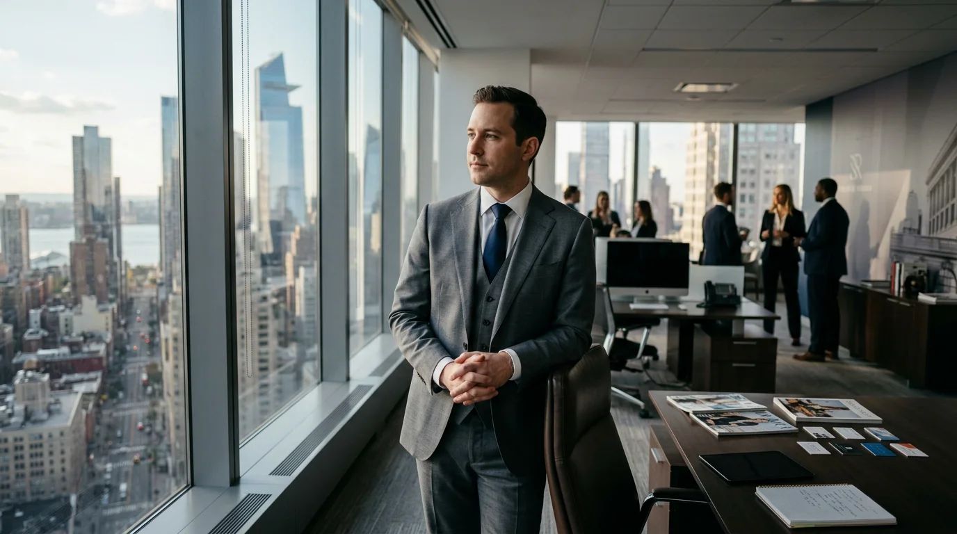 A woman gazes confidently from a skyscraper window, reflecting on business growth and entrepreneurial fear