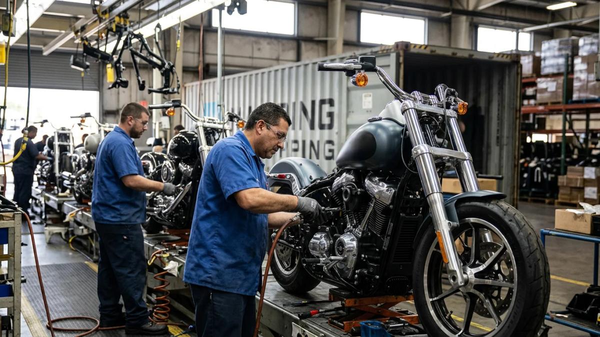 Harley-Davidson motorcycles on a winding road, embodying American heritage and a changing future