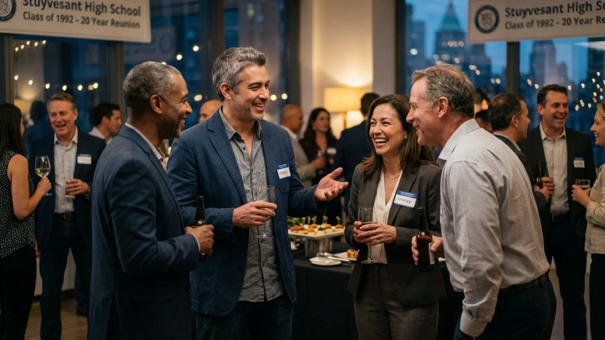 Alumni gather at their 20-year high school reunion, reminiscing and reconnecting