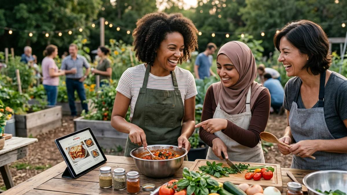 Two women smile, connecting while working together on laptops, reflecting community building