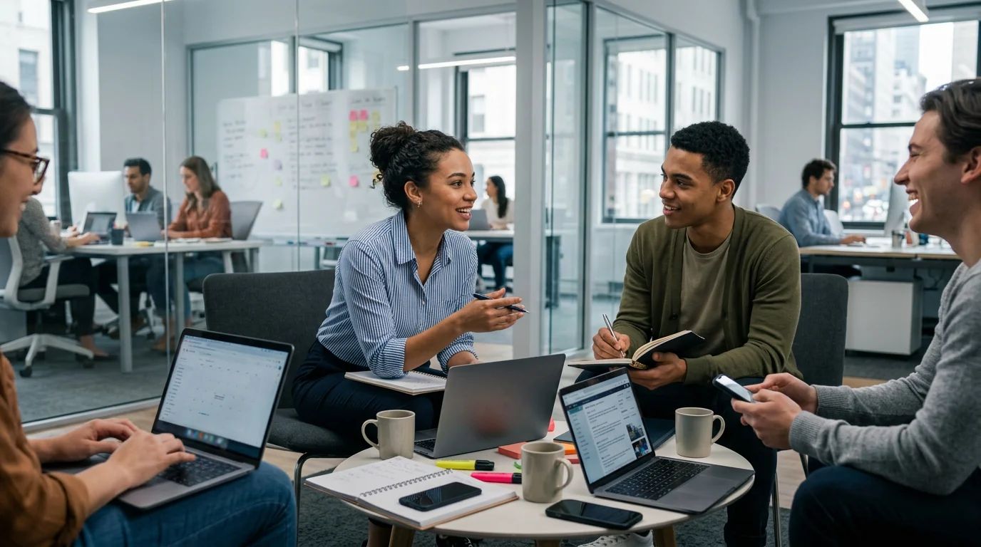 Three ambitious young professionals discuss opportunities at a leading PR agency
