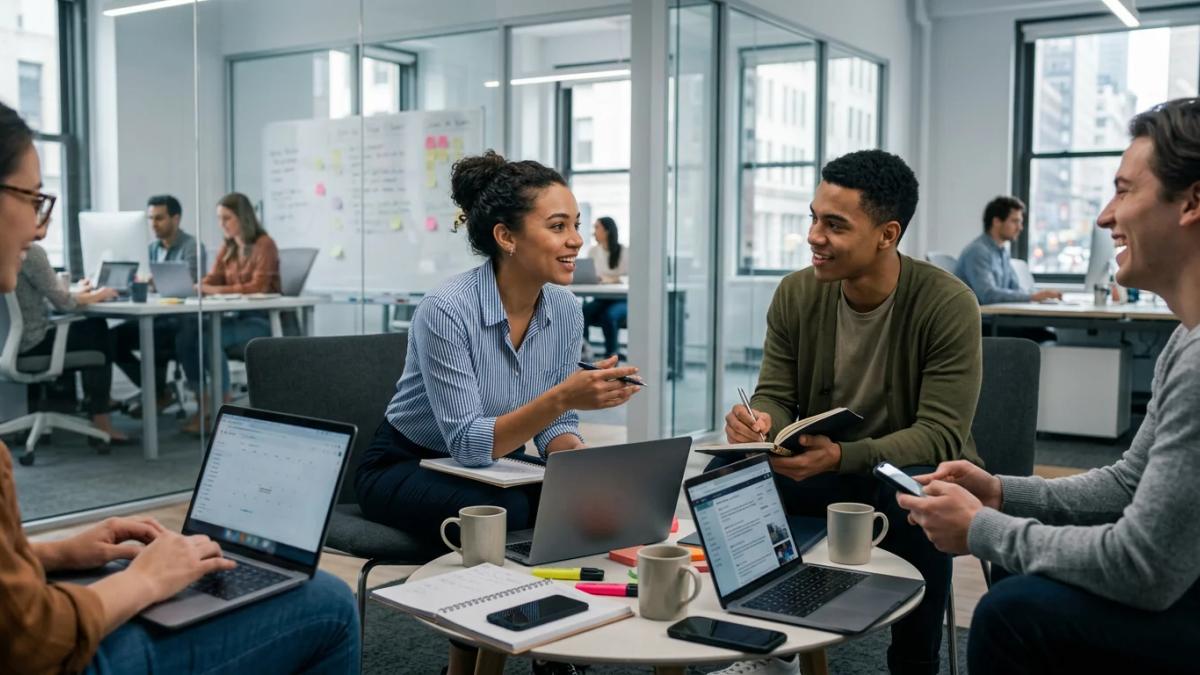 Three ambitious young professionals discuss opportunities at a leading PR agency