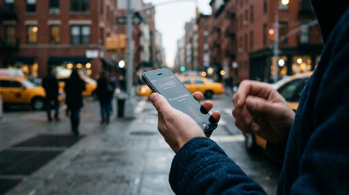 A detective holds an iPhone and notepad, investigating if smartphone tech lowers crime
