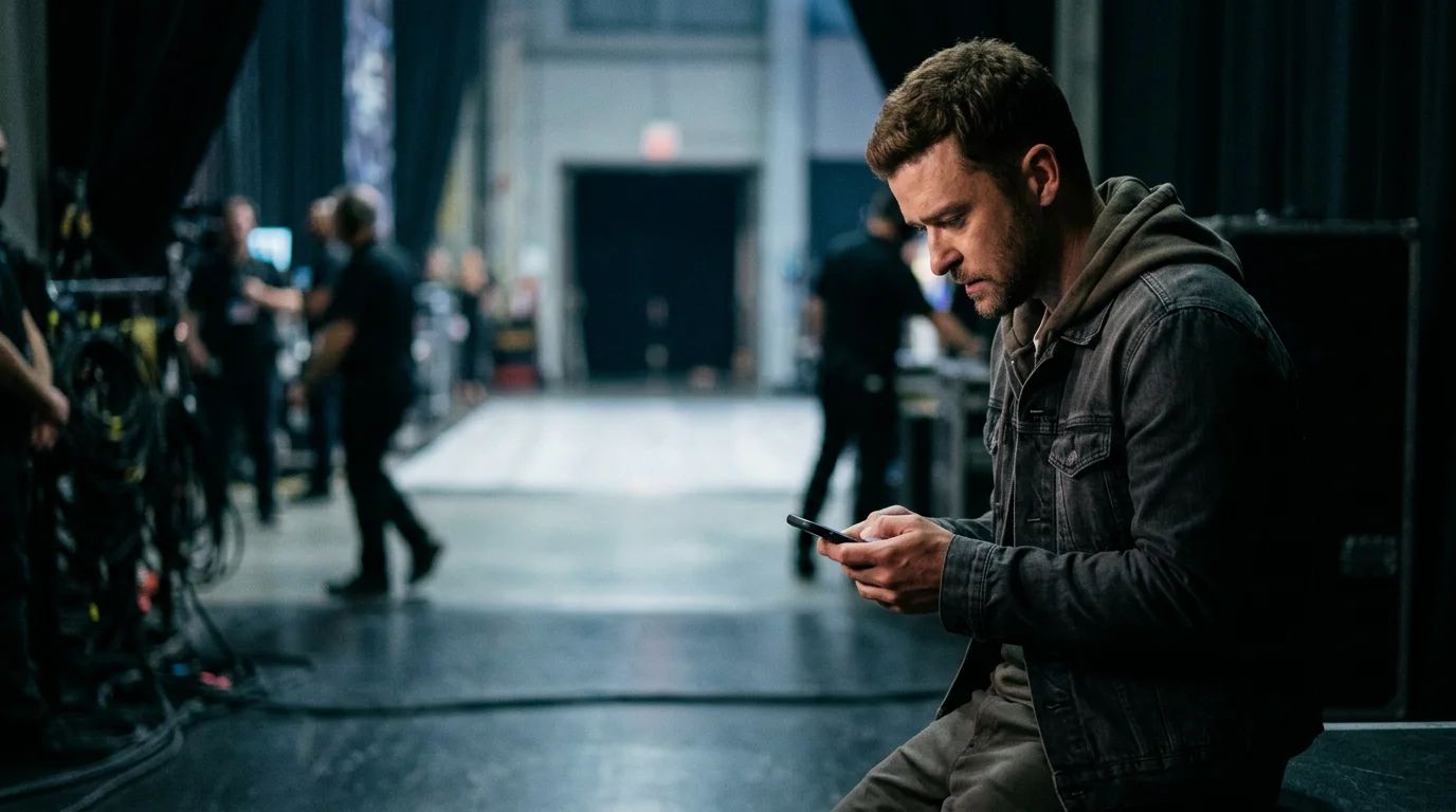 Justin Timberlake on stage, mic in hand, after his public apology
