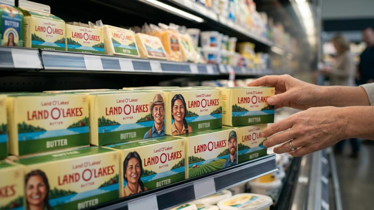 A Land O'Lakes butter package shows the slight rebranding of a popular food product