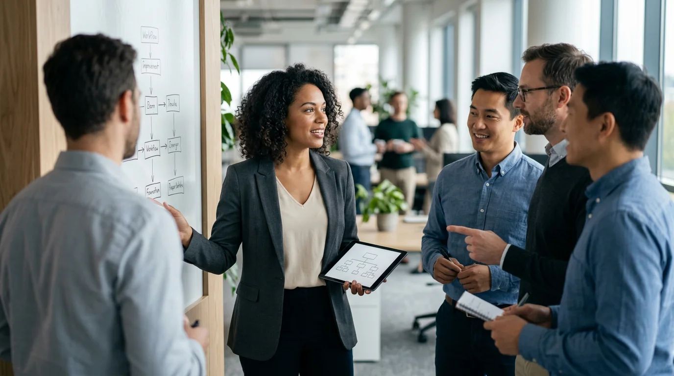 A CEO and team in a meeting, demonstrating effective lean management communication