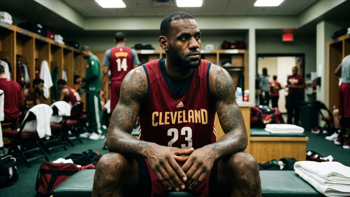 LeBron James in a Cavaliers jersey, dribbling on the court, considering his GOAT status