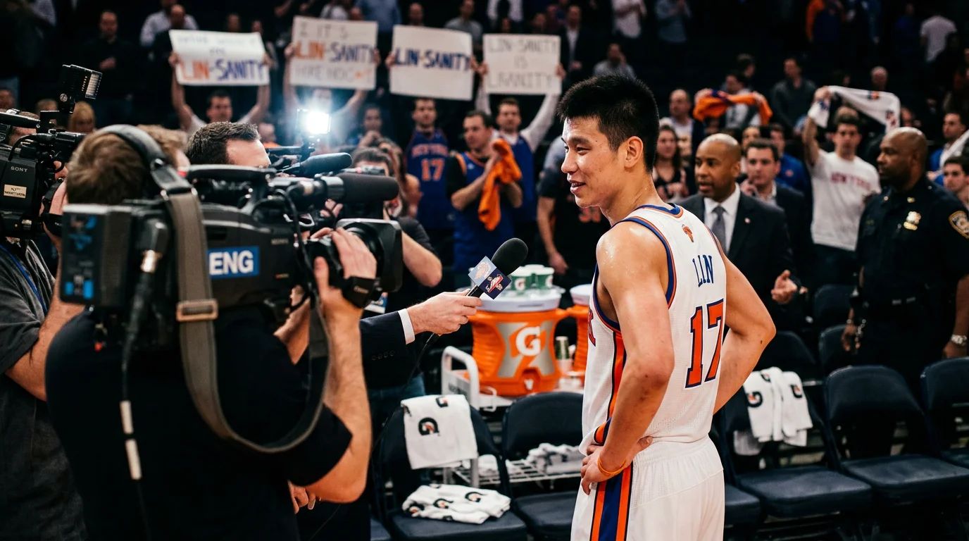 Jeremy Lin in his Knicks jersey, poised to become a marketing phenom through basketball success