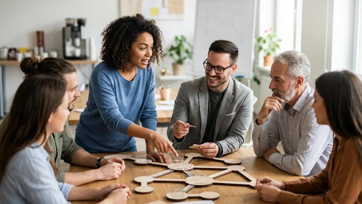 A diverse team collaborating, symbolizing unconventional management techniques for better performance