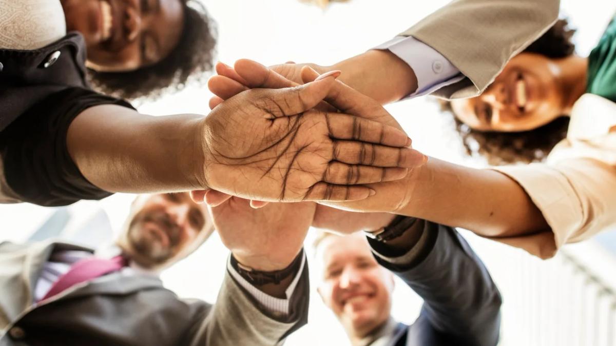 Diverse group of professionals collaborating, representing different backgrounds and skills in a workplace