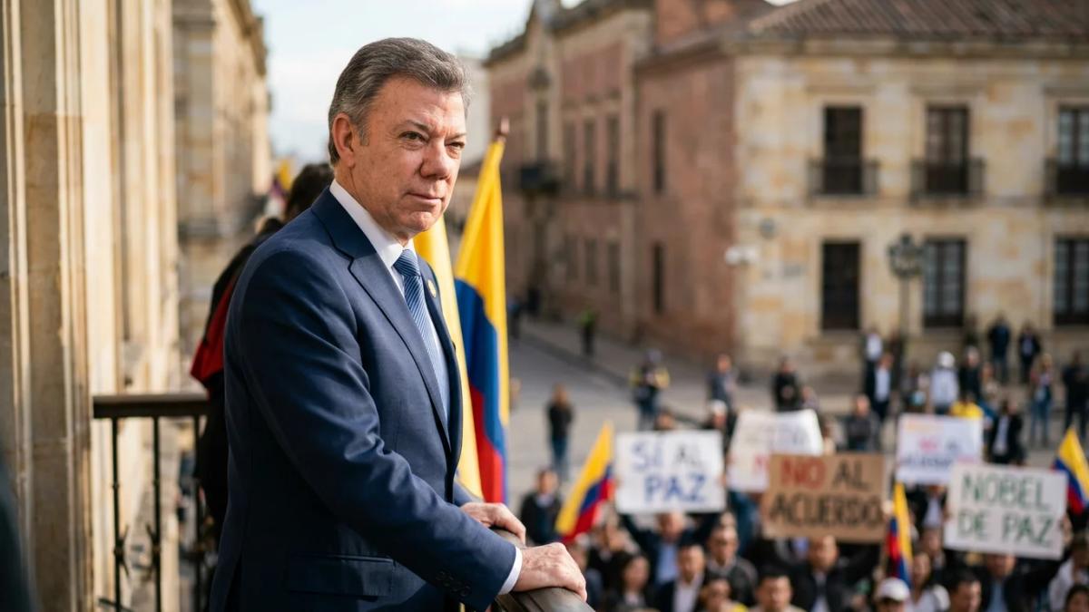 Manuel Santos, standing in an ornate room, lost the peace accord at the ballot box