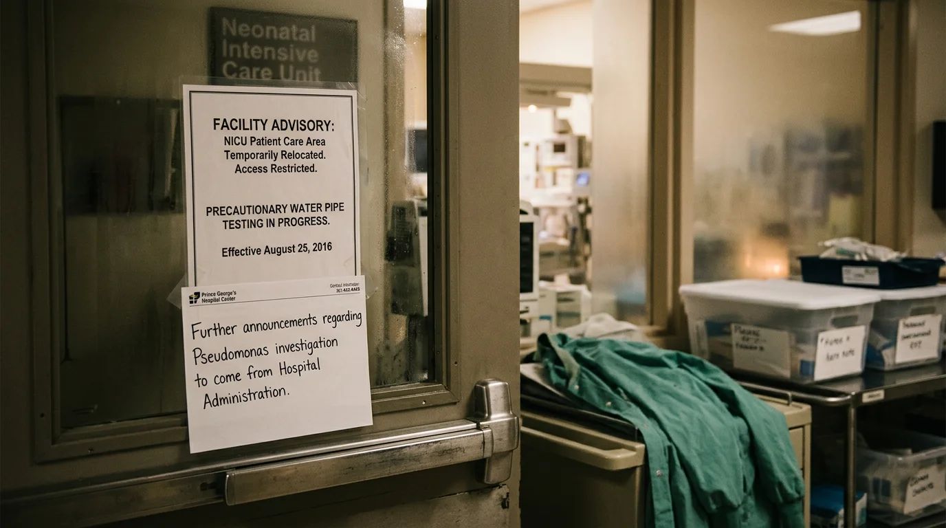 A hospital building, its entrance partially visible, hinting at a bacteria outbreak