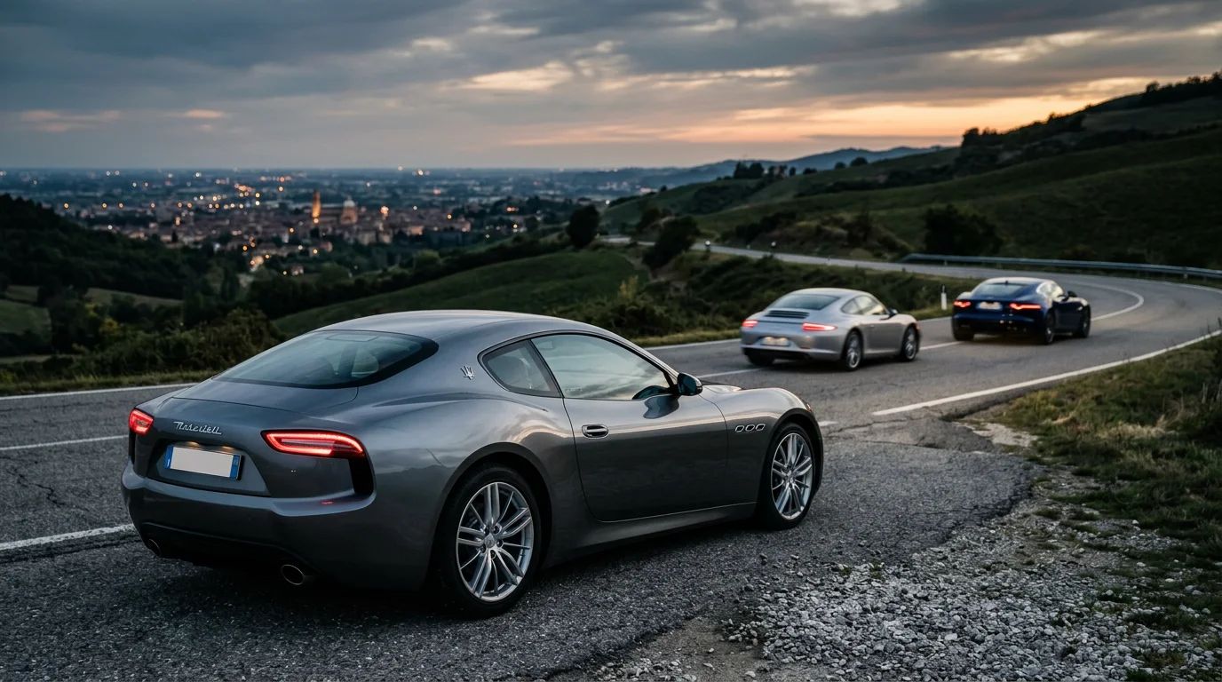 Maserati Alfieri and a Porsche 911 side-by-side, competing for the luxury coupe market
