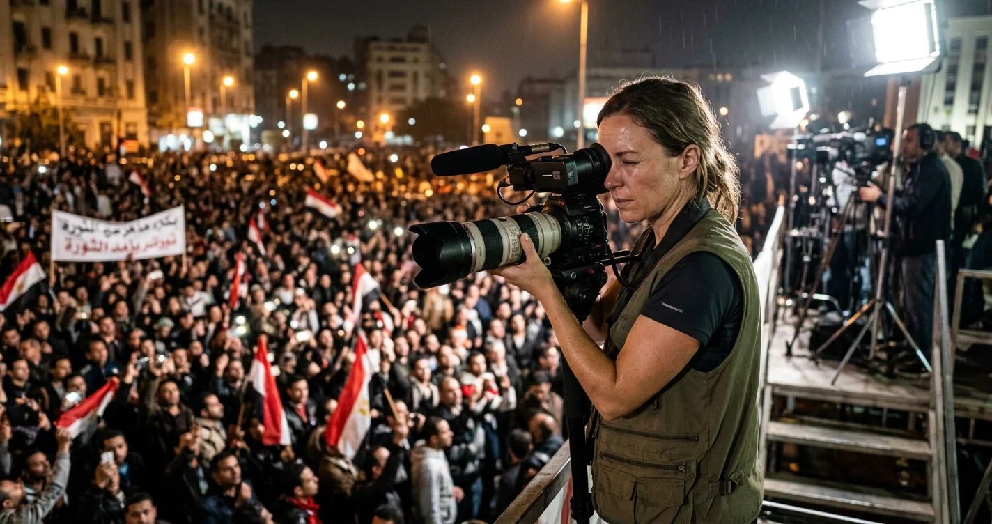 A reporter filming conflict, highlighting media's shifting focus on global events