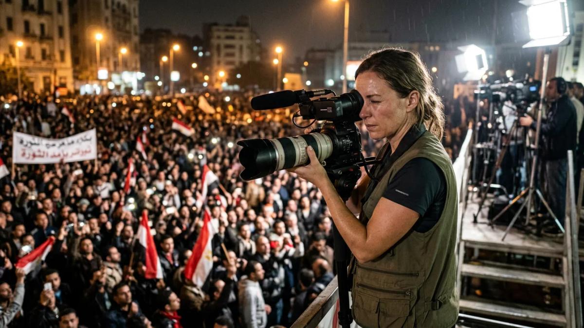 A reporter filming conflict, highlighting media's shifting focus on global events