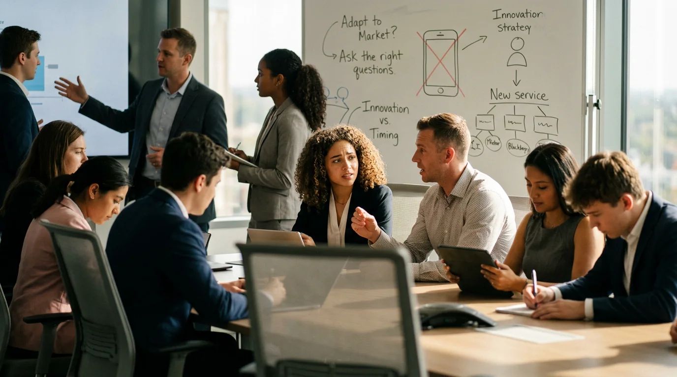 A diverse group of business professionals in a lively and collaborative office setting