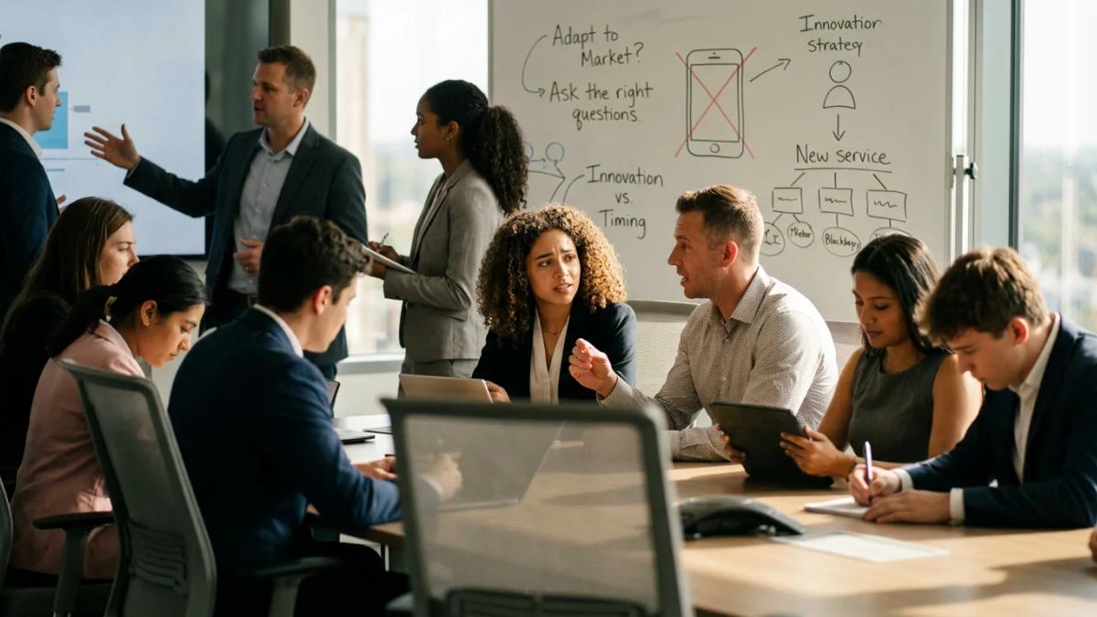 A diverse group of business professionals in a lively and collaborative office setting